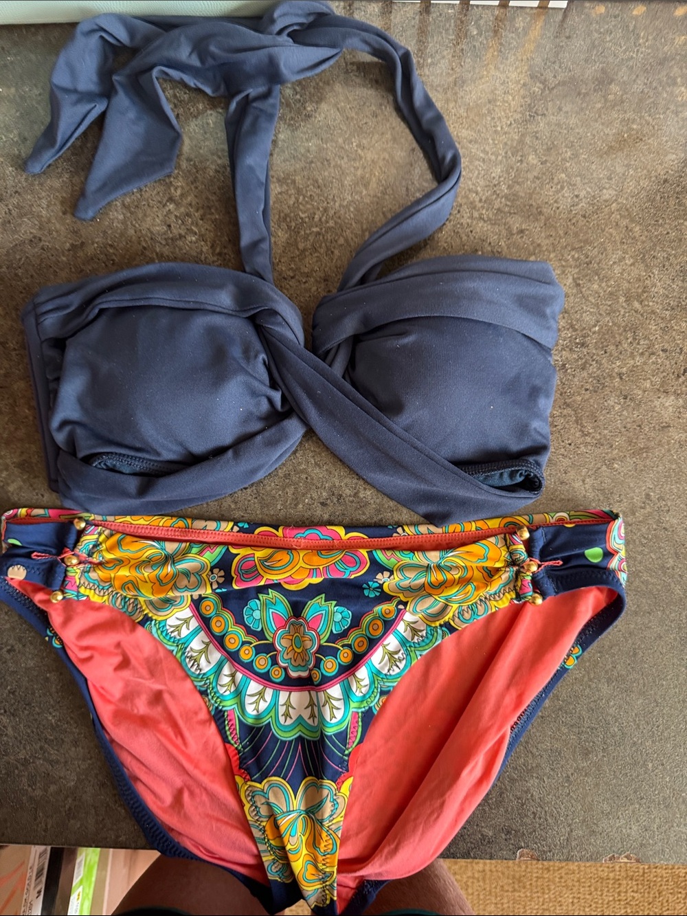Navy Twist Bandeau Bikini Top with Multicolor Floral Bikini Bottom